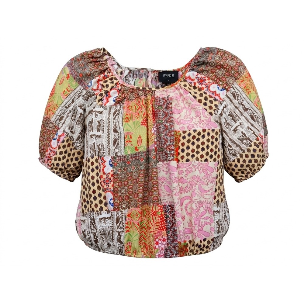 Boho Peasant Week & Women Patchwork Paisley Puff Sleeve Bubble Hem Blouse Size M